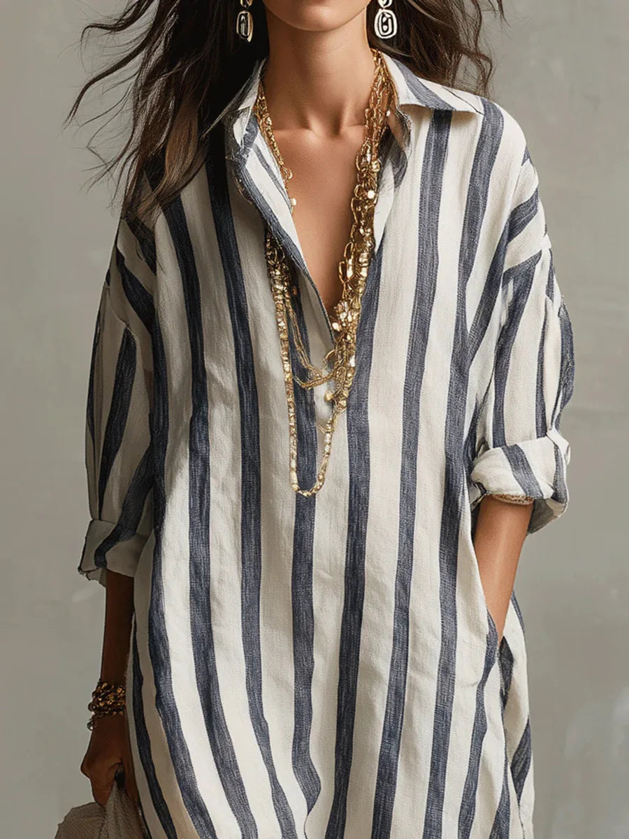 Relaxed fit collared striped maxi shirt dress, versatile for everyday wear or a chic summer look.