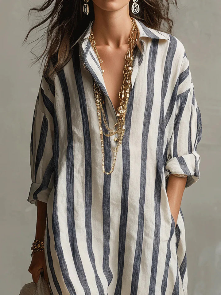 Relaxed fit collared striped maxi shirt dress, versatile for everyday wear or a chic summer look.