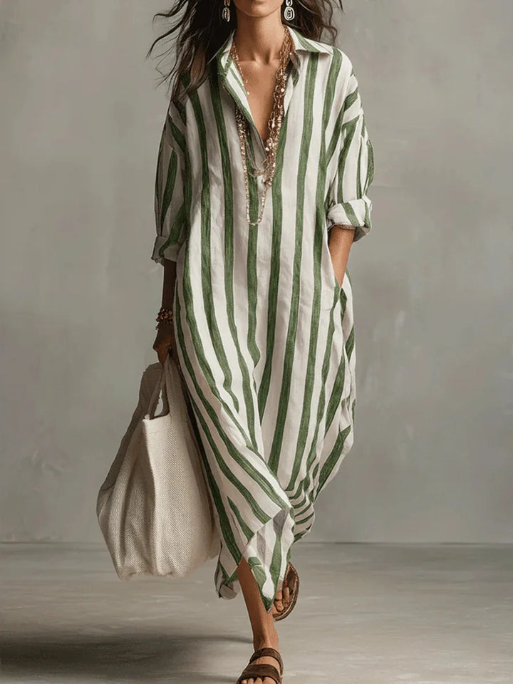 Women's long striped shirt dress with a relaxed fit, great for summer vacations and beach days.