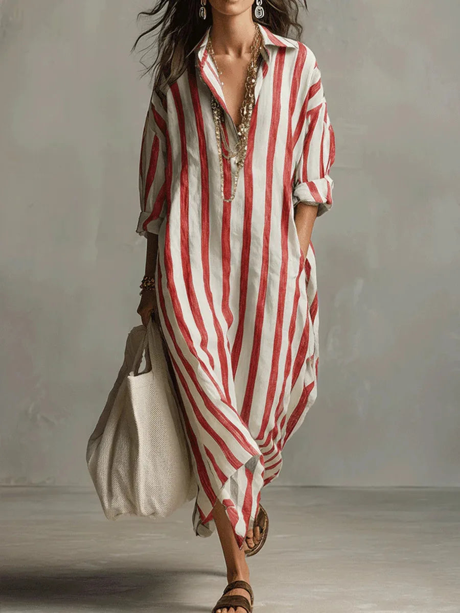 Oversized striped maxi dress, a chic and comfortable collared shirt dress for women's casual fashion.
