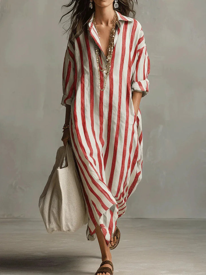 Oversized striped maxi dress, a chic and comfortable collared shirt dress for women's casual fashion.