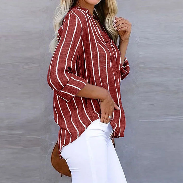 Stylish women's striped V-neck shirt, loose fit and lightweight. Perfect casual summer daywear.