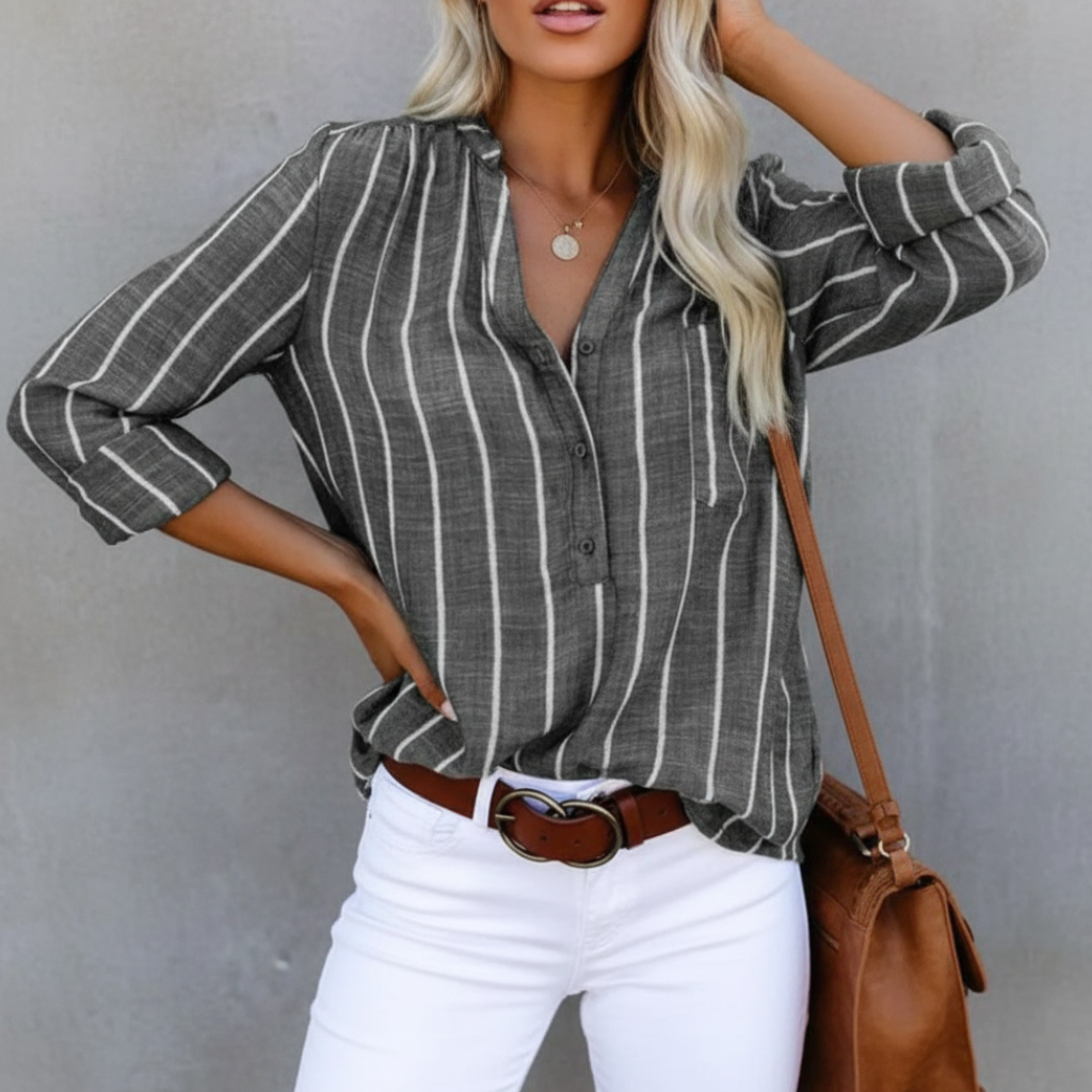 Classic striped women's V-neck shirt. Loose fit, lightweight and breathable for summer casual outfits.