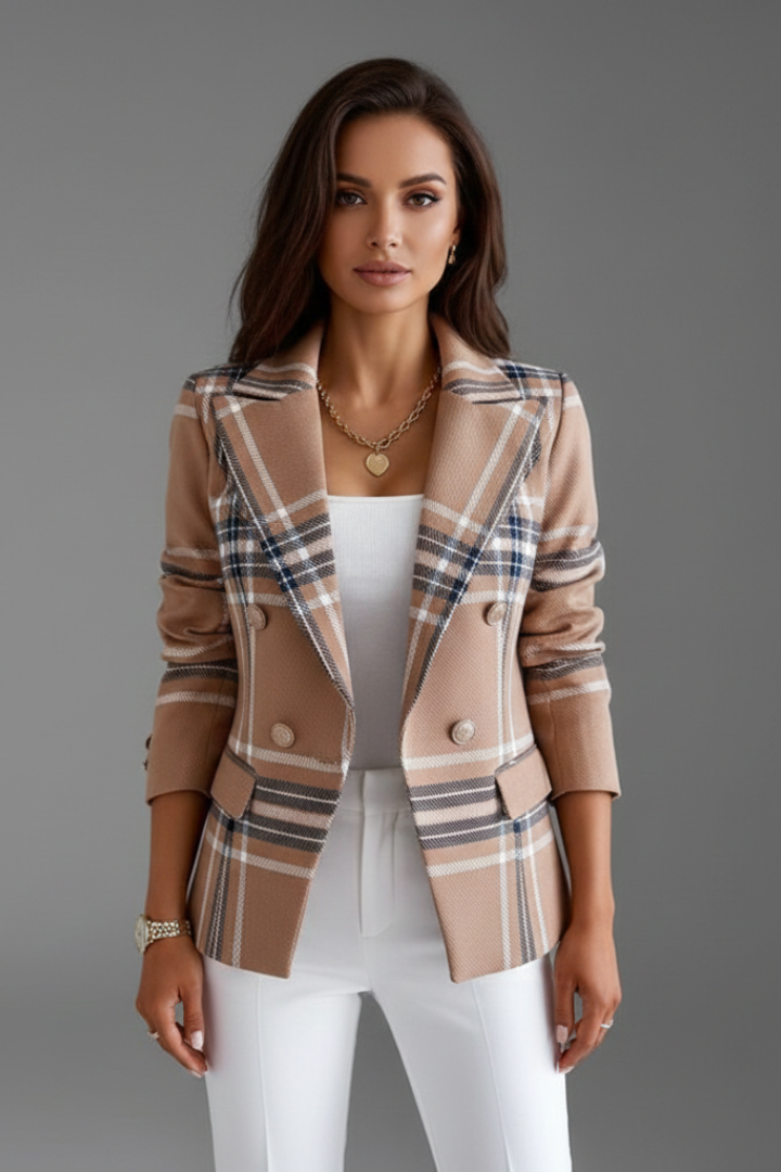 Chic women's structured blazer with sharp lapels, perfect for versatile professional & stylish layering.