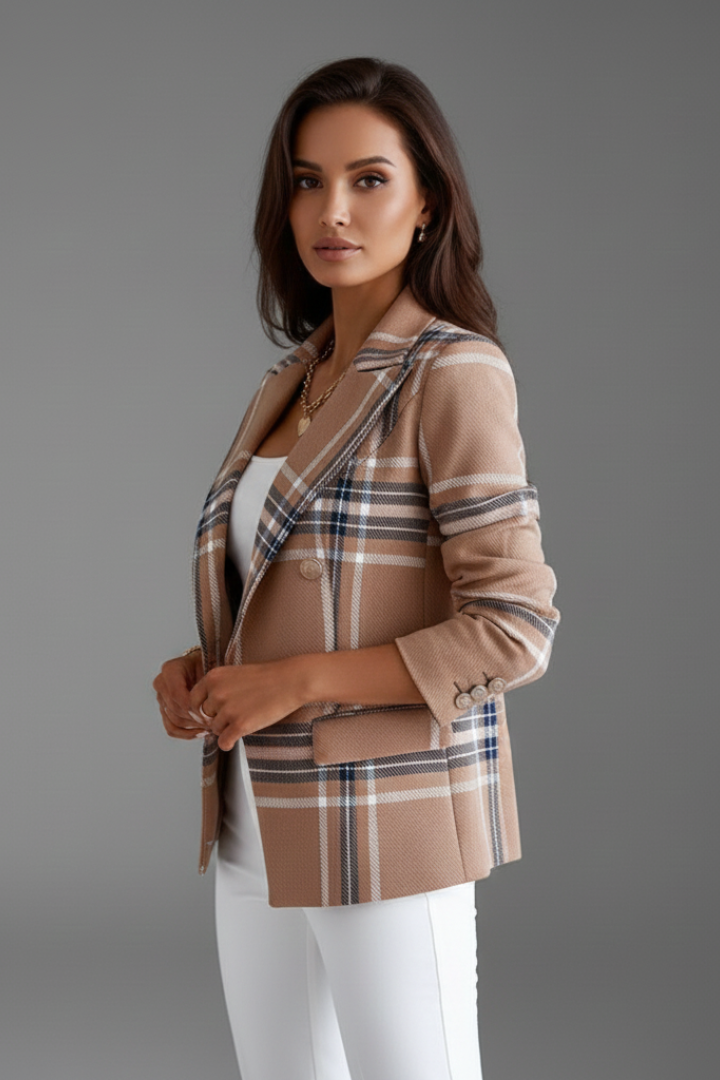 Tailored women's structured blazer with sophisticated lapels, offering a chic professional attire for the office.