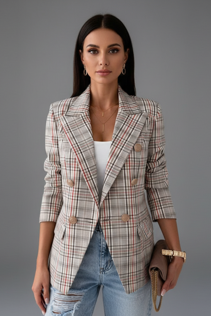 Stylish women's structured blazer with prominent lapels, enhancing professional and chic work fashion.
