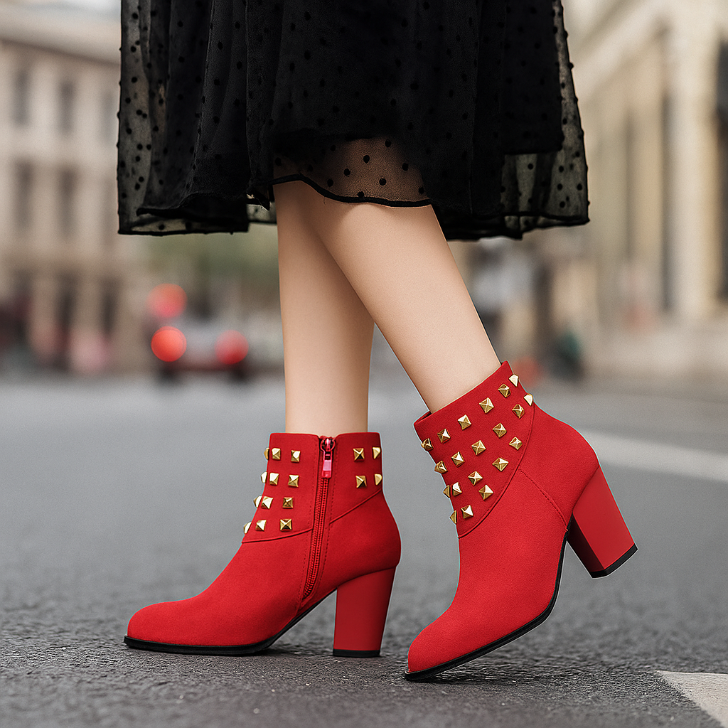 Women's studded collar black ankle boots, block heel, side zip. Chic and casual fashion footwear.