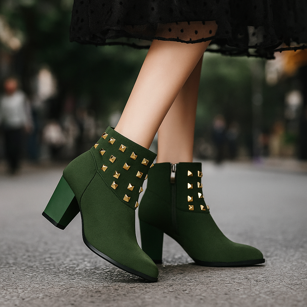 Pair of women's black studded ankle boots on a white background. Fashionable, comfortable, versatile.