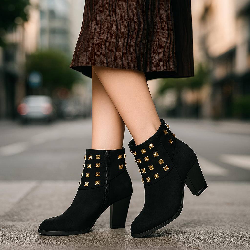 Front view of women's studded block heel ankle boots. Stylish and practical for everyday wear.