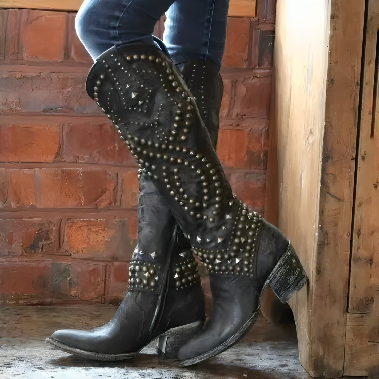 Detailed shot of women's studded knee-high cowboy boots, showing pointed toe, block heel & intricate studs.