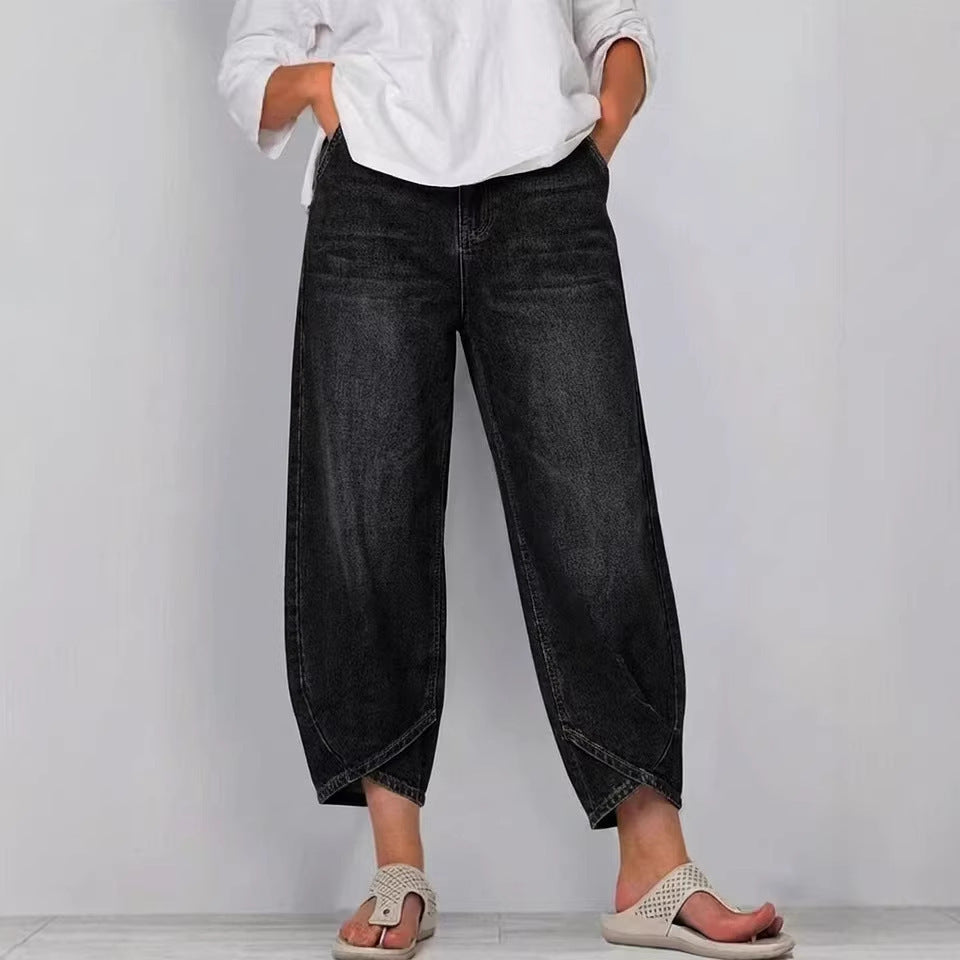 Modern fit women's barrel leg cropped jeans, featuring a unique curved silhouette. Perfect casual denim pants.