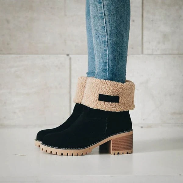 Women's stylish block heel snow boots, perfect for winter comfort & warmth. Waterproof ankle boots for cold weather.