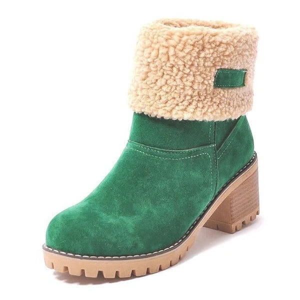 Stylish women's block heel winter boots, waterproof & warm. Ankle-high snow boots with comfort & good traction.