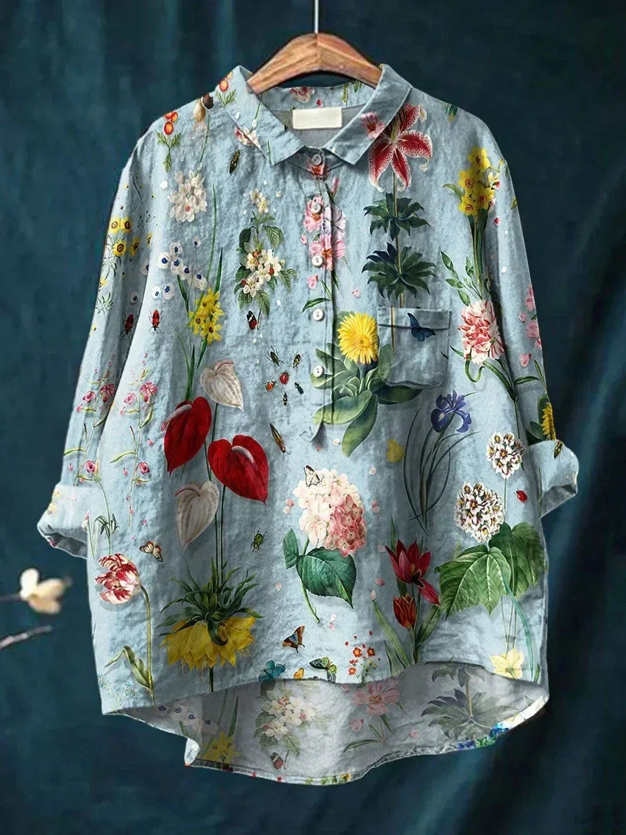 Women's stylish blue floral print loose-fit long sleeve blouse, perfect for casual or elegant wear. Plus size available.