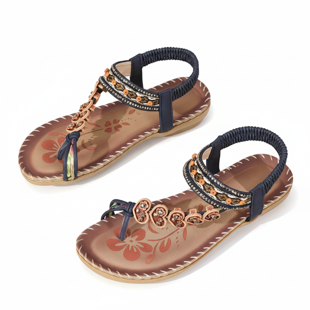 Women's bohemian thong sandals, stylish flat design with ankle strap, essential summer footwear.
