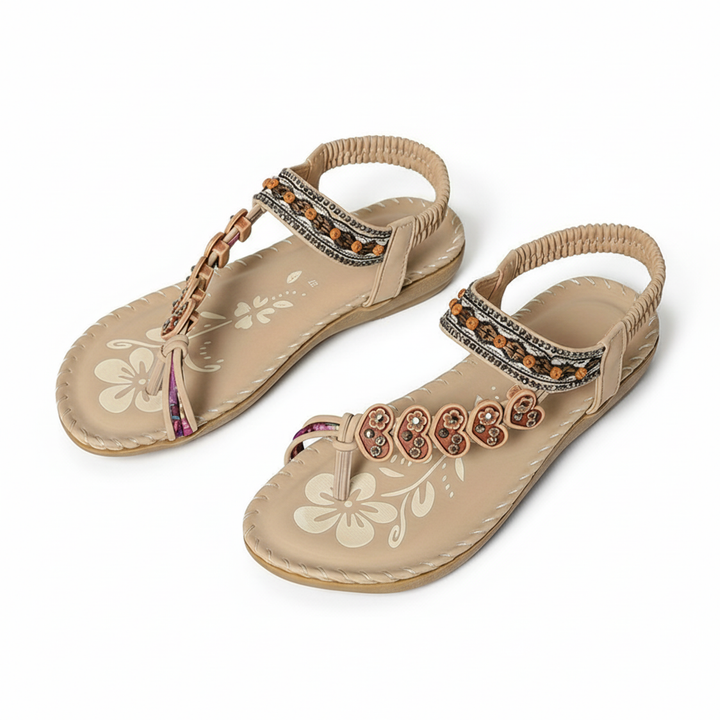 Bohemian flat thong sandals for women with a delicate ankle strap, perfect summer shoes.