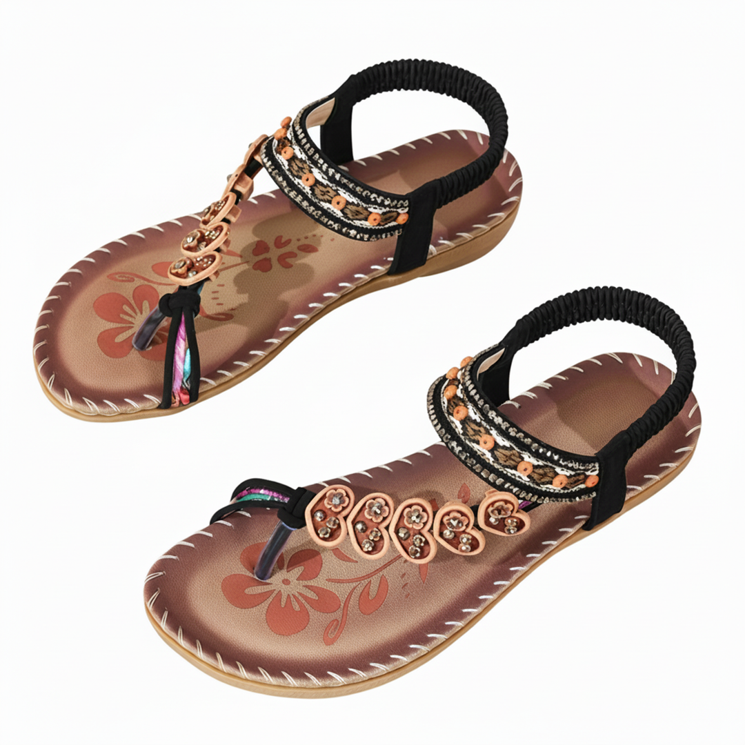 Bohemian floral flat thong sandals for women, casual and comfortable for summer days.