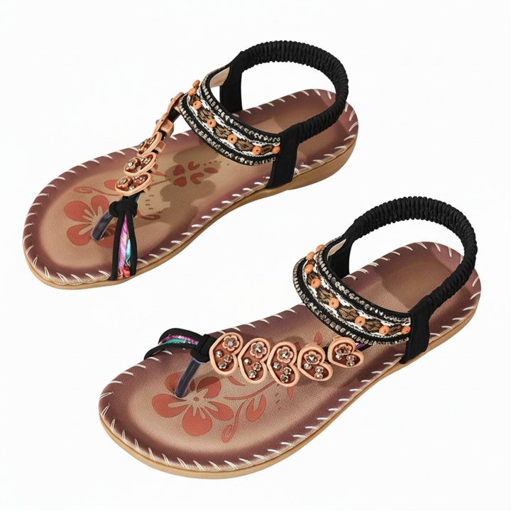Bohemian floral flat thong sandals for women, casual and comfortable for summer days.
