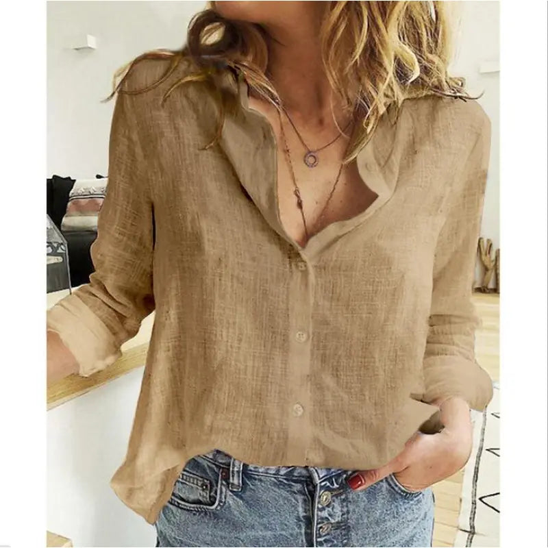 Stylish women's button-front blouse with V-neck, rolled long sleeves, and a versatile loose fit for modern ladies.