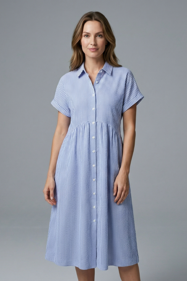 Elegant button-front midi dress with a classic collar for women's fashion.