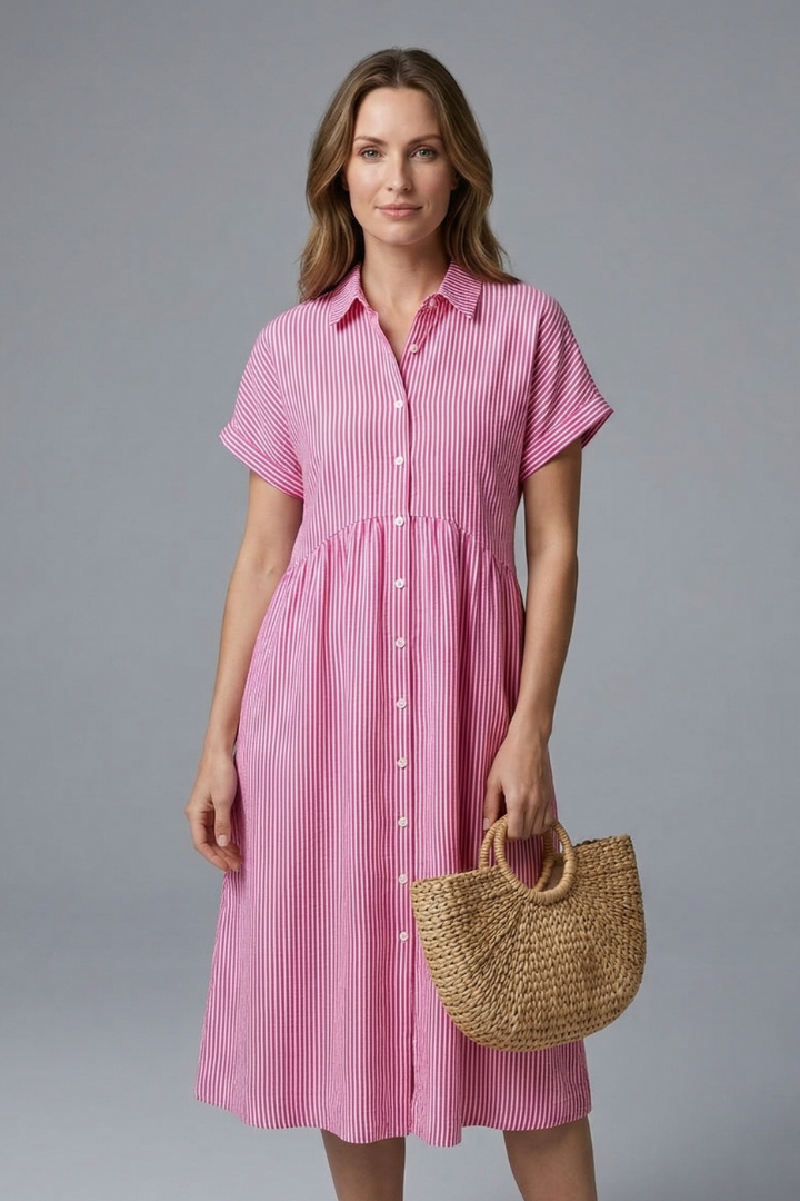 Fashionable women's midi dress with full button front and smart collar.