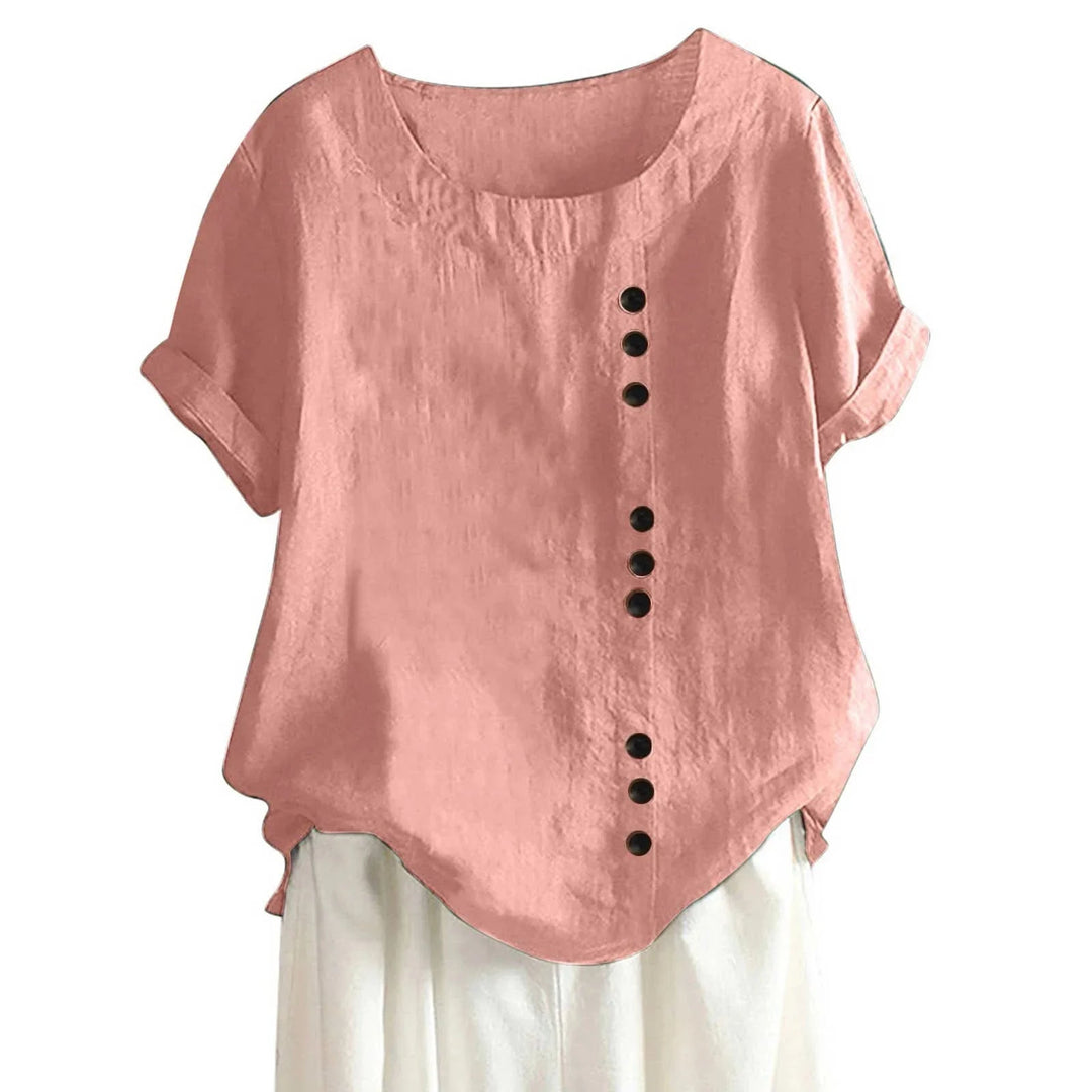 Women's stylish button-up shirt with short sleeves & asymmetrical hem, perfect for casual everyday wear.