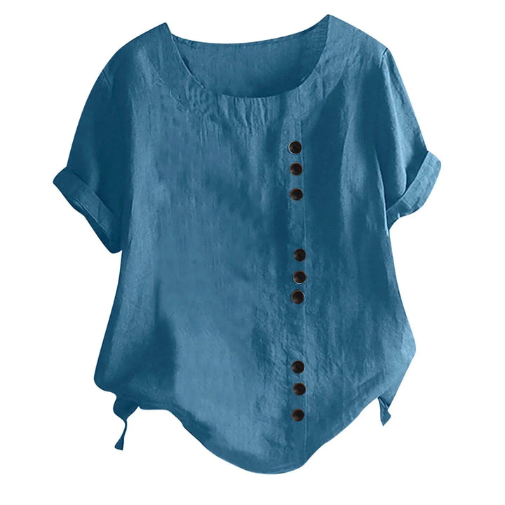 Versatile women's short sleeve button-up blouse with roll tabs, ideal for spring or summer everyday fashion.