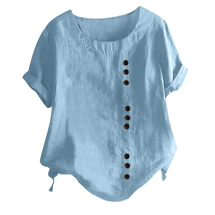 Elegant women's asymmetrical button-up top with short sleeves, a chic choice for ladies' casual outfits.