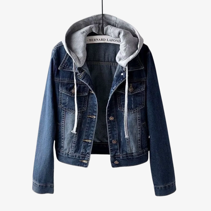 Women's stylish cropped jacket with a detachable hood, perfect for versatile spring & fall layering.