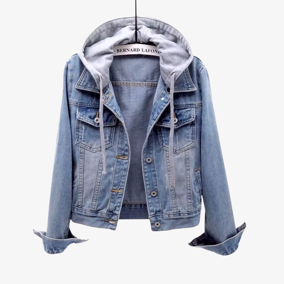 New women's stylish cropped jacket, features a practical detachable hood for versatile wear.