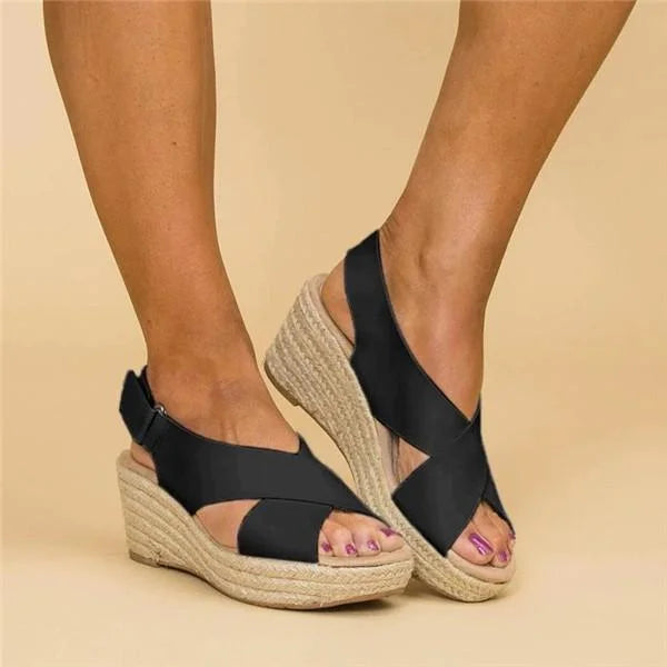 Women's comfortable espadrille wedge sandals with ankle buckle, perfect for stylish summer.