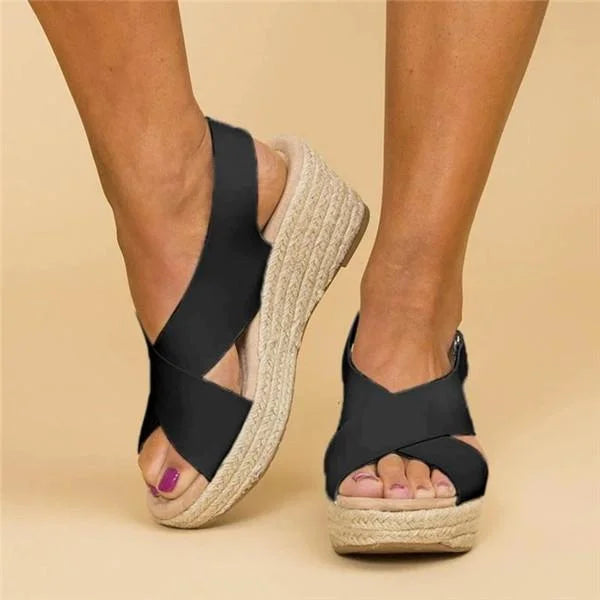 Elegant women's platform espadrille wedge sandals, ideal for summer events & comfortable style.