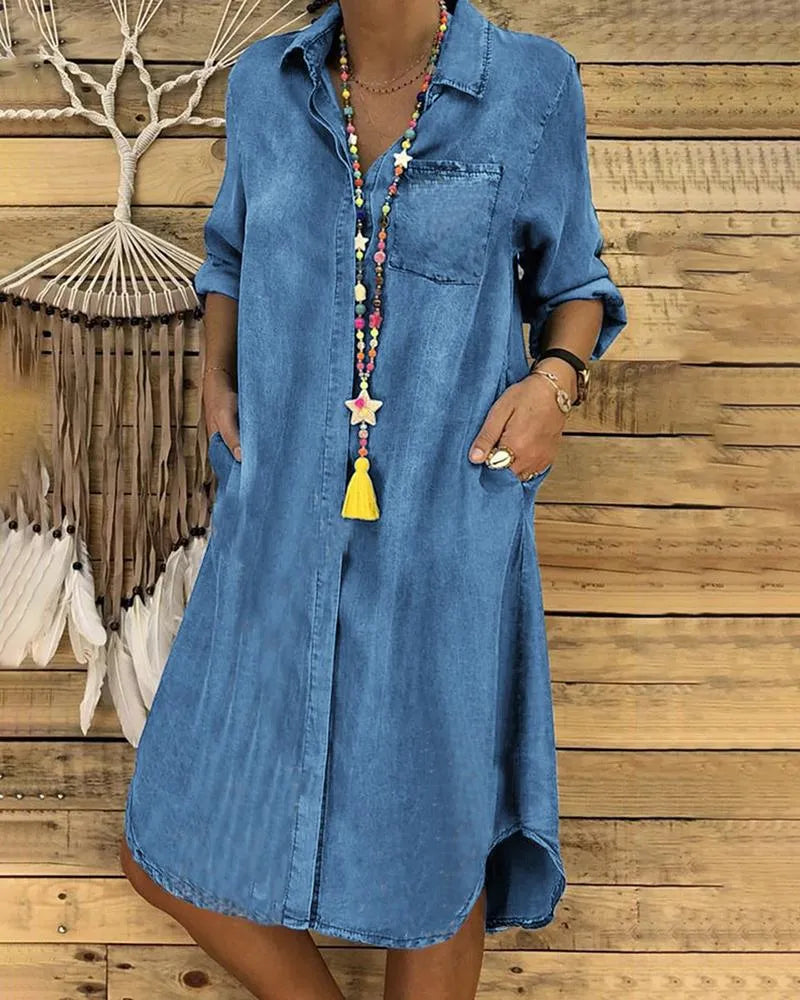 Women's stylish jean-style mini dress with button front, perfect for casual spring & summer everyday wear.