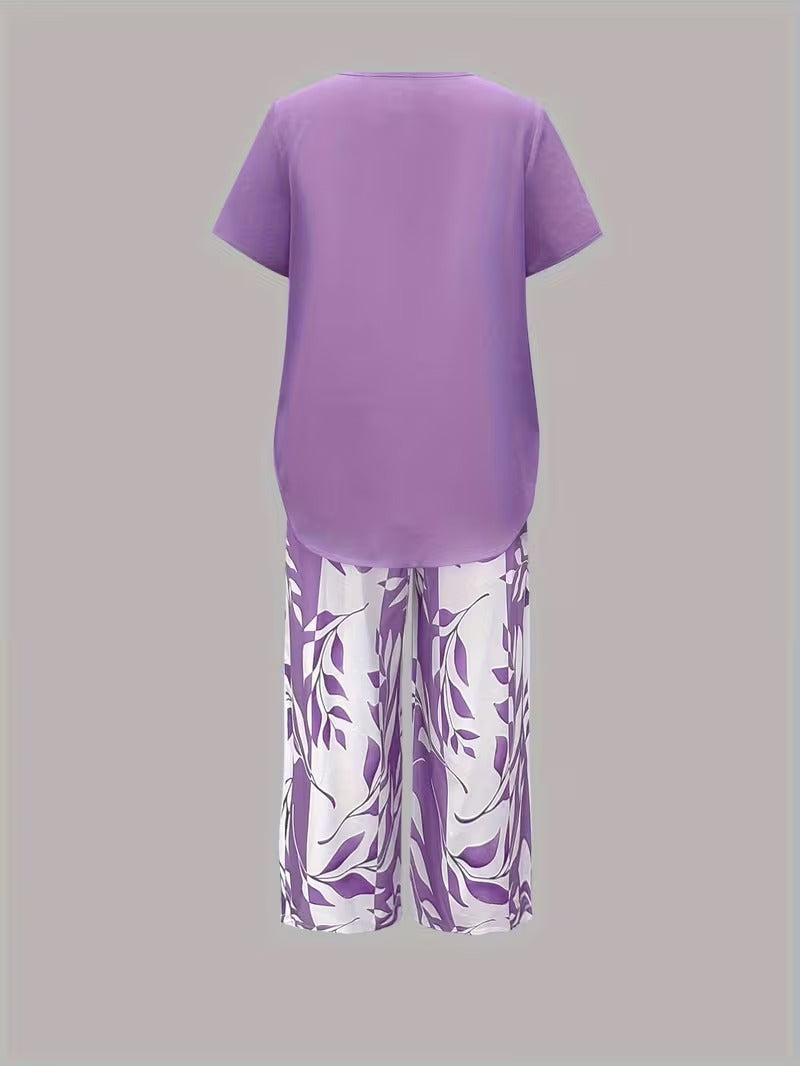 Elegant women's leaf print pant co-ord, a versatile two-piece set for sophisticated summer fashion.