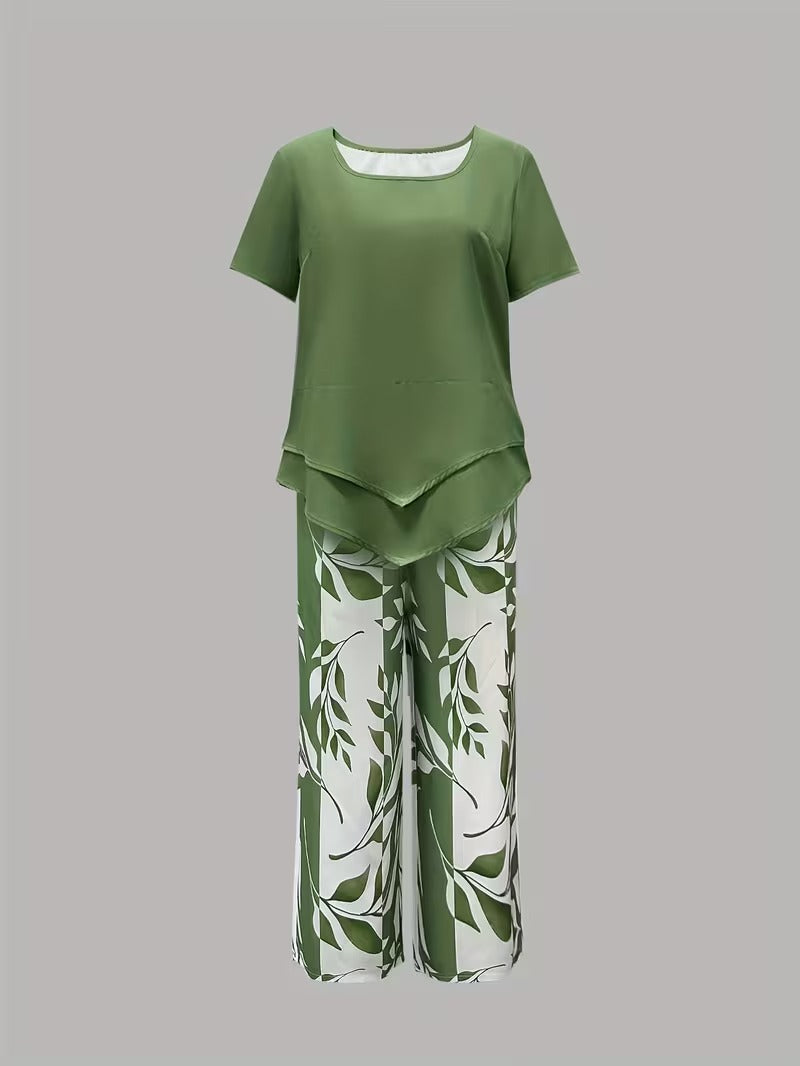 Comfortable women's fashion leaf print two piece set, a must-have for summer style.