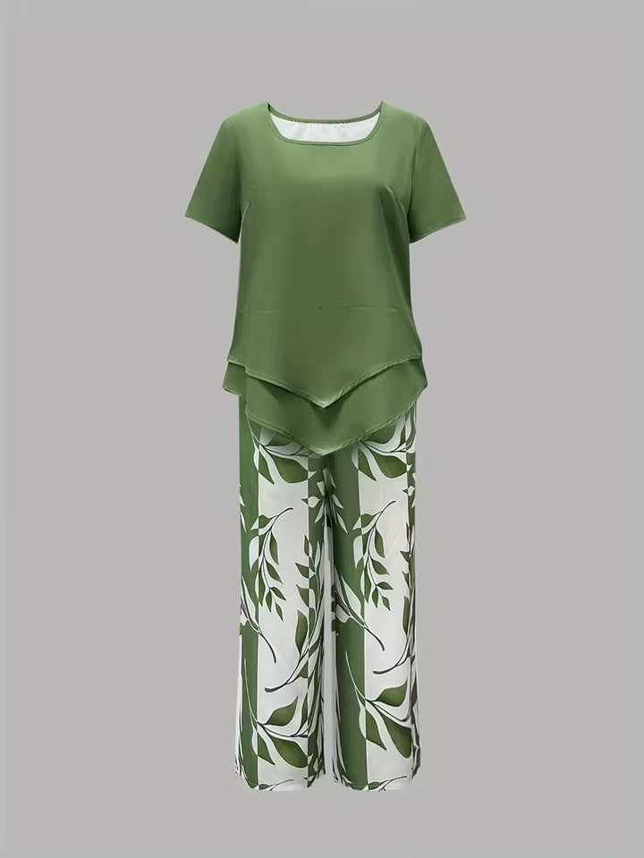 Comfortable women's fashion leaf print two piece set, a must-have for summer style.