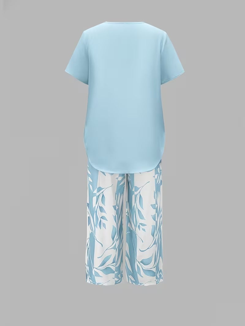 Fashionable women's leaf print two piece outfit, designed for effortless style and comfort.