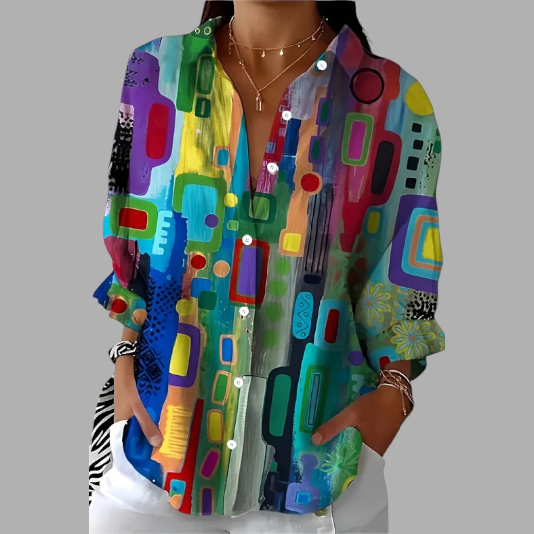 Women's stylish long-sleeve printed shirt for effortless everyday comfort. Multicolor casual ladies blouse.
