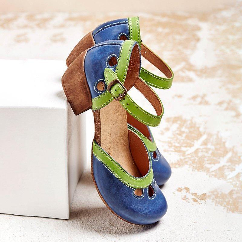 Women's open toe block heel sandals featuring a trendy cutout design & secure ankle strap. Great for summer.