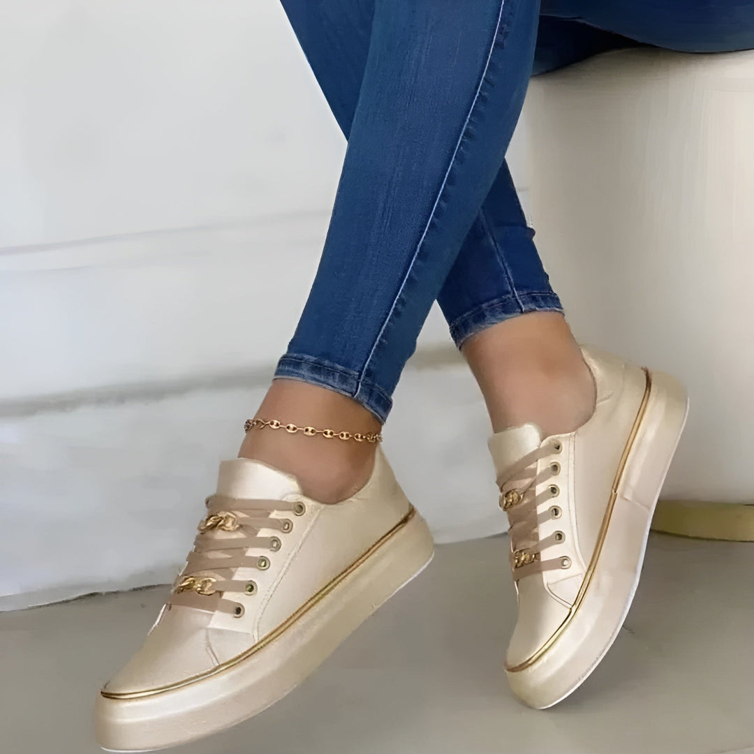 Side view of women's stylish orthopedic footwear with sleek design, comfortable fit & excellent arch support.