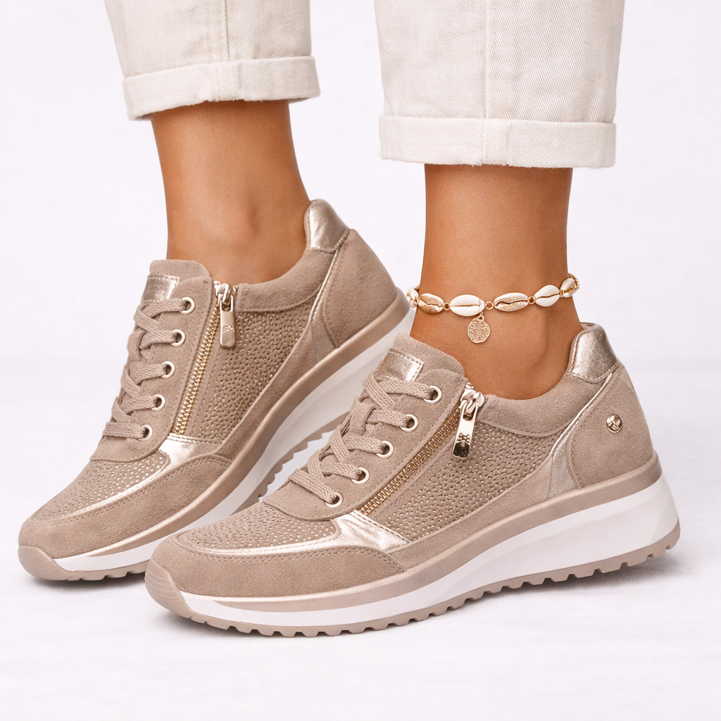 Comfortable women's orthopedic wedge sneakers, designed for daily walking with excellent support & modern style. Breathable footwear.