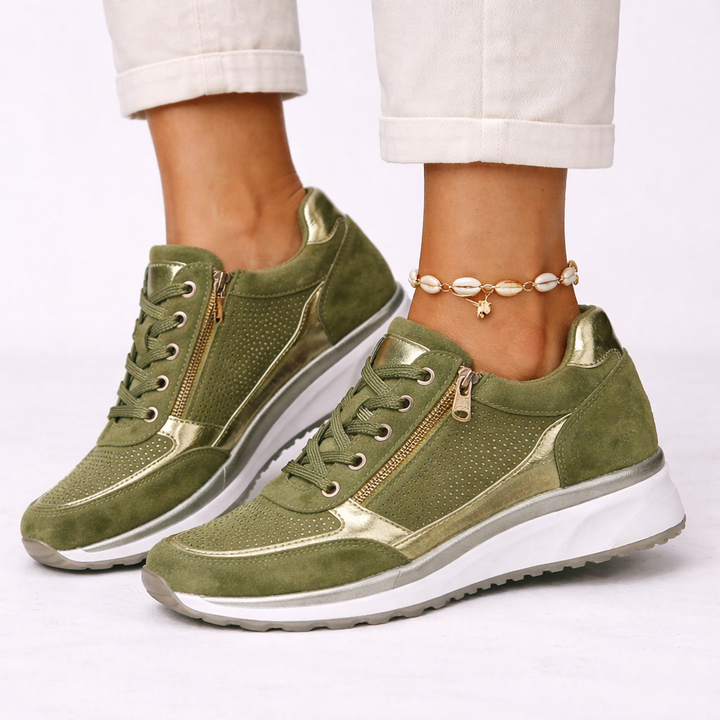 Modern women's wedge orthopedic sneakers, providing stylish comfort & support for casual wear and active walking. Fashionable footwear.