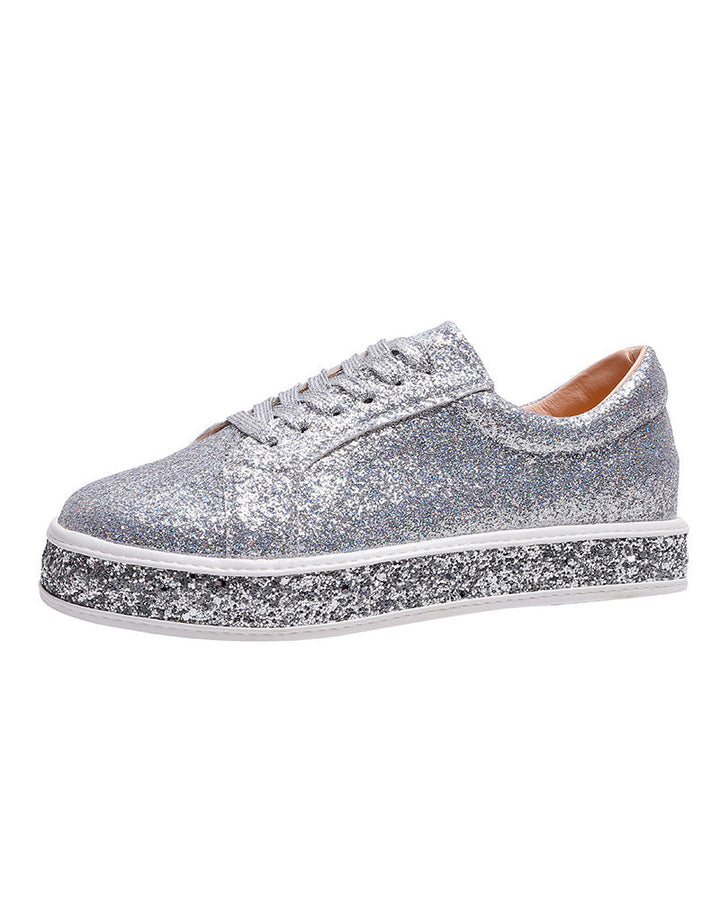 Unique women's glitter platform sneakers, combining trendy style, all-day comfort, and sparkling fashion.