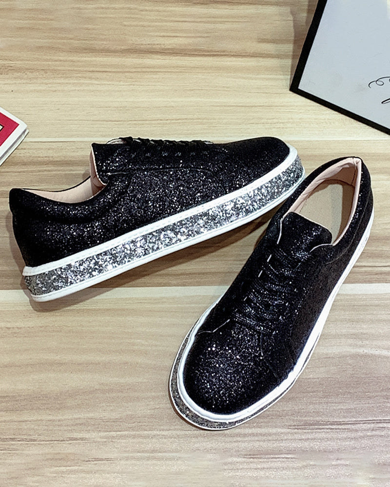 Shimmering women's glitter platform sneakers, stylish & comfortable for all-season fashion and casual outfits.