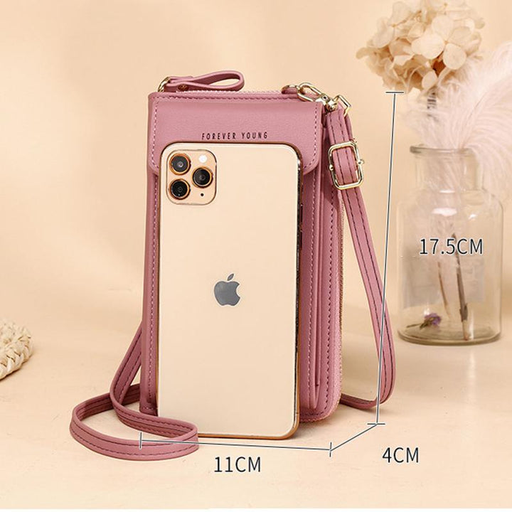 Portable women's pouch wallet, perfect for travel, shown with a passport and essentials