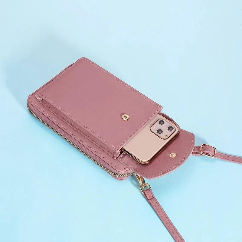 Fashionable women's crossbody wallet, ideal for phone and essentials, shown open with card slots