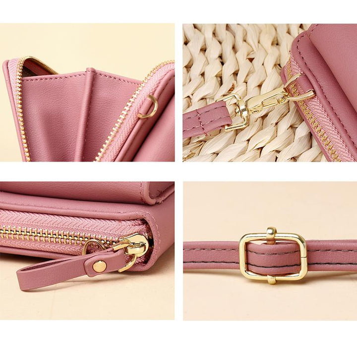 Close-up of the textured PU leather material of the women's crossbody wallet