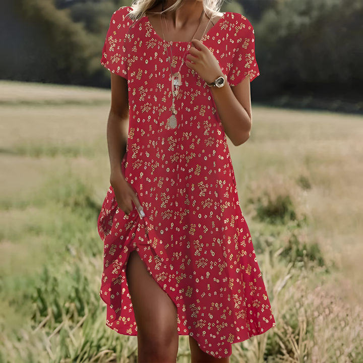 Comfy flowy summer midi dress for women, ideal for beach, vacation, or casual spring wear. Effortless chic.