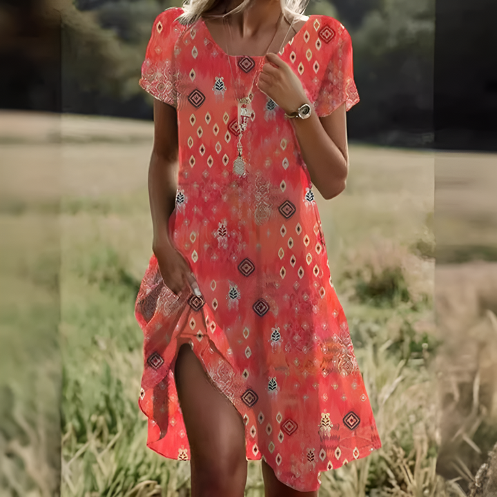 Chic women's summer midi dress, sleeveless with scoop neck and waist tie. An elegant, versatile vacation dress.
