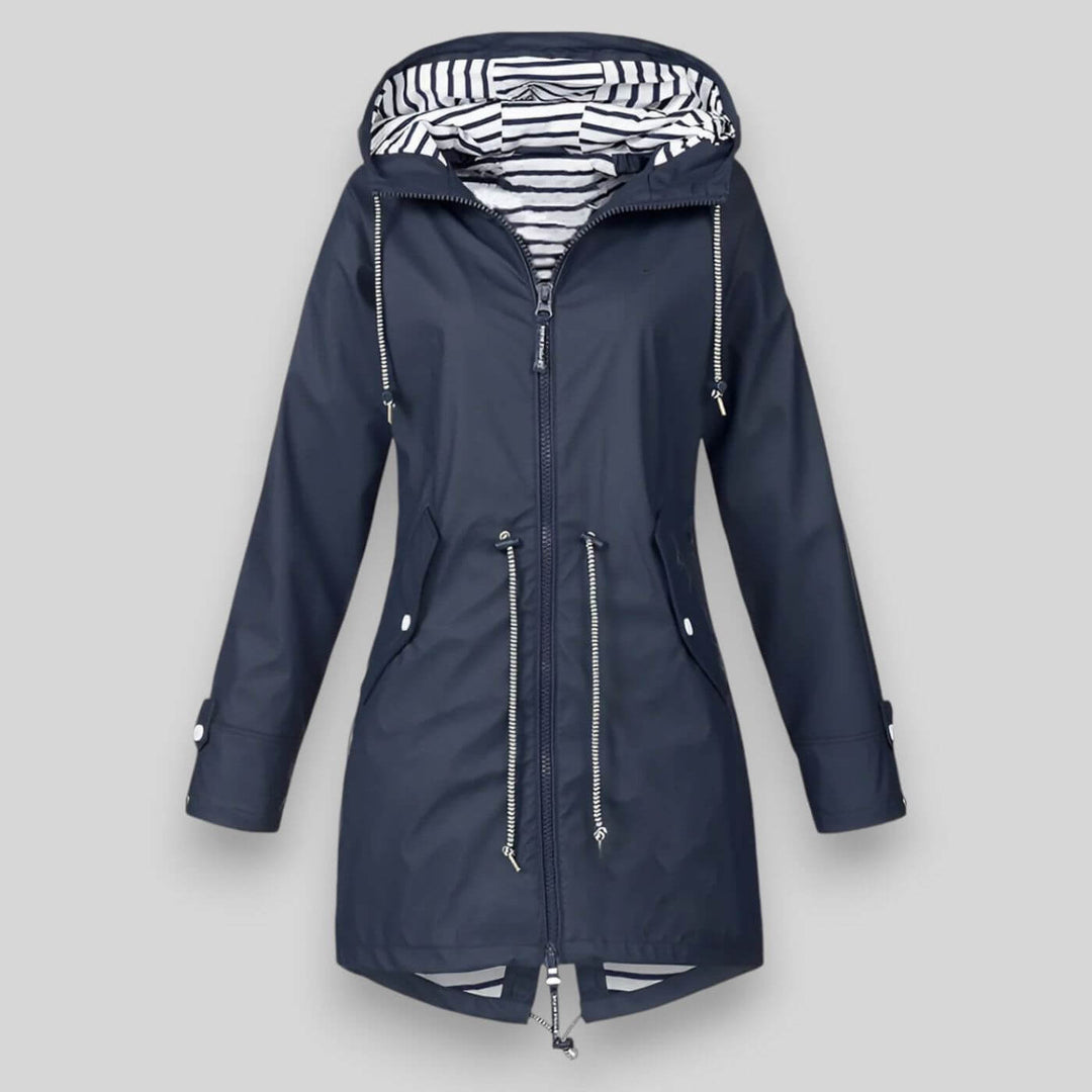 Women's stylish waterproof rain jacket, lightweight & durable. Perfect hooded outerwear for spring & fall weather.